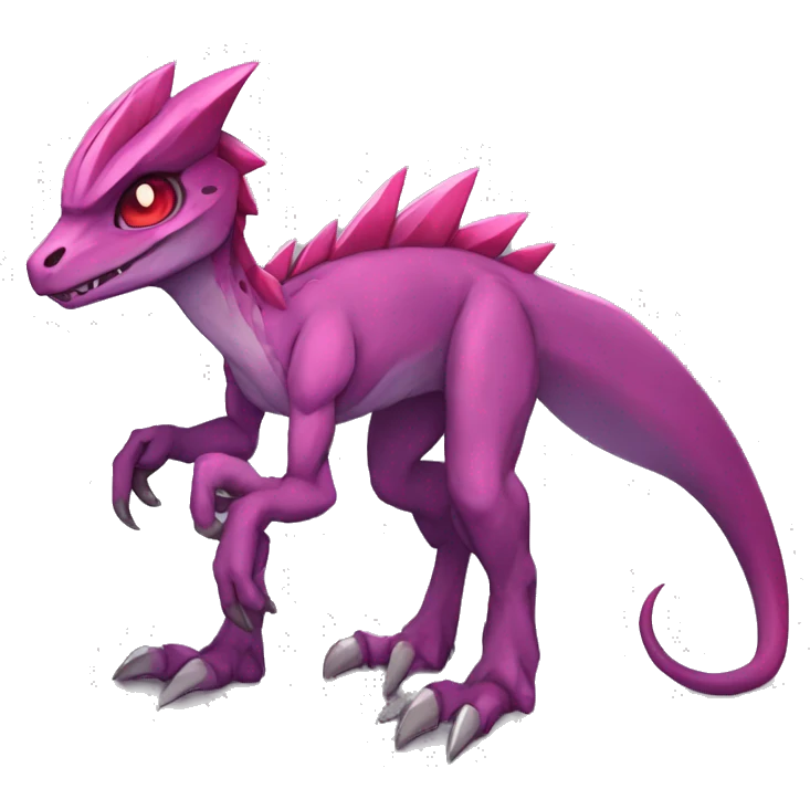 Chibi-Anthro Mauve-maroon-red-colored edgy anthro-genesect-velociraptor-scalie-sona-Fakémon-hybrid with a purple-pink mane on head and back and horns full body emoji