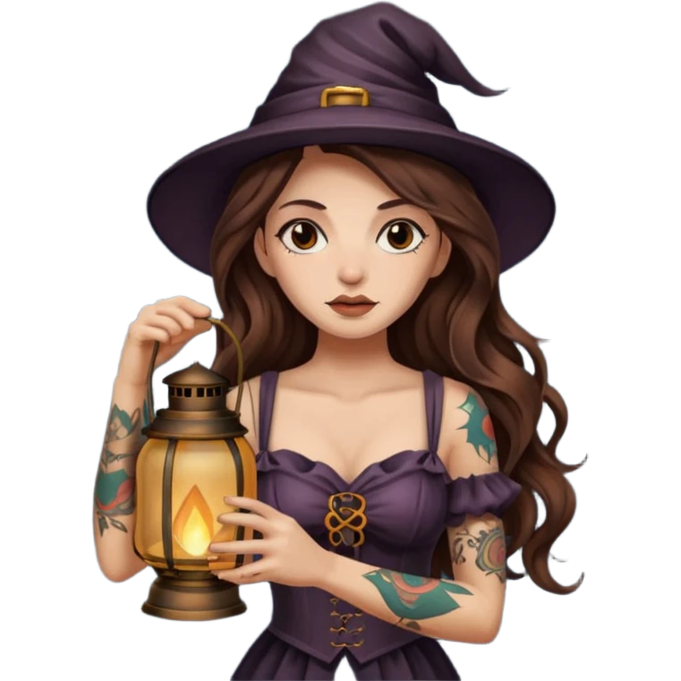 tired night witch woman long wavy brown hair tattoos holding lantern emoji
