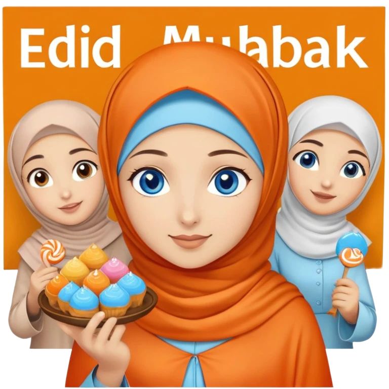 Turkish beautiful finish Konya girl blue eyes with orange hijab islamic dress and had on her hand text Eid Mubarak with sweets and celebrating with her friends eid days   emoji