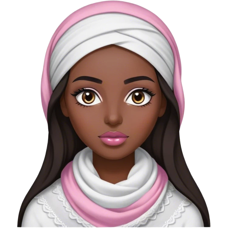 A woman with long, dark hair wears a traditional white keffiyeh, her makeup is well done, with defined eyebrows and soft pink lips  emoji