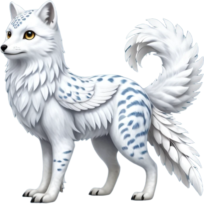 Realistic wild natural elegant pretty beautiful handsome shiny colorful furry 4-legged digitigrade beaky beaked arctic-fox-snowy-owl-snow-leopard-gryphon-griffin-albino-lion-fusion-hybrid-fursona-furry-animal-creature, full body, hyper-realism, long tufted tail emoji