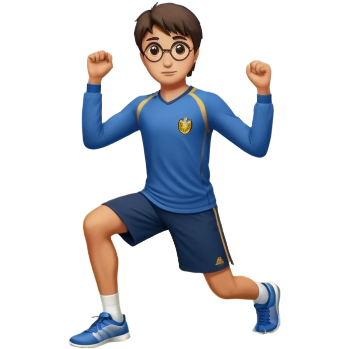 Harry Potter is in sports clothes doing morning exercises, he is in the field before his magic school emoji