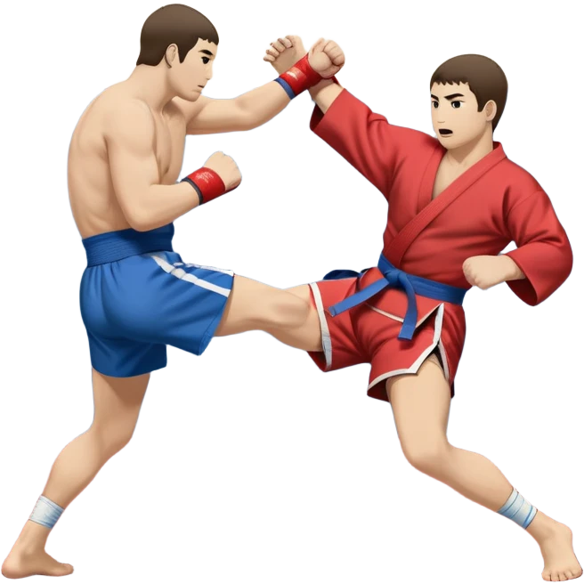 An icon symbolizing Sambo, featuring two fighters in blue and red kimonos with shorts. One executes a powerful throw, while the other attempts a defensive grab. The fighters are engaged in a grapple, using joint locks and sweeps. The background features a wrestling mat/ emoji