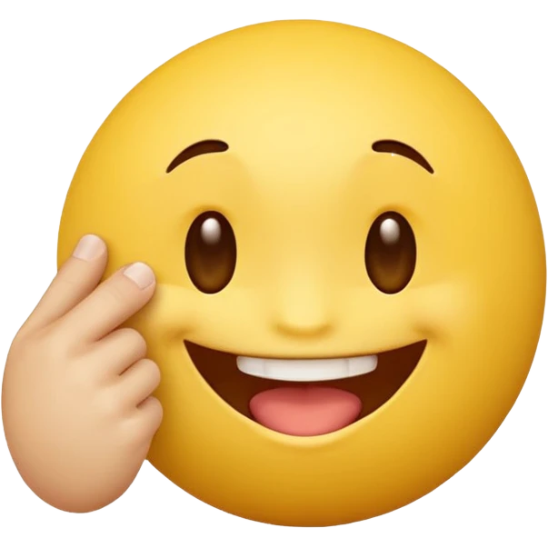 Quiero un personaje de una bolita de emoji amarilla con cara sonriente mordiéndose un dedo emoji