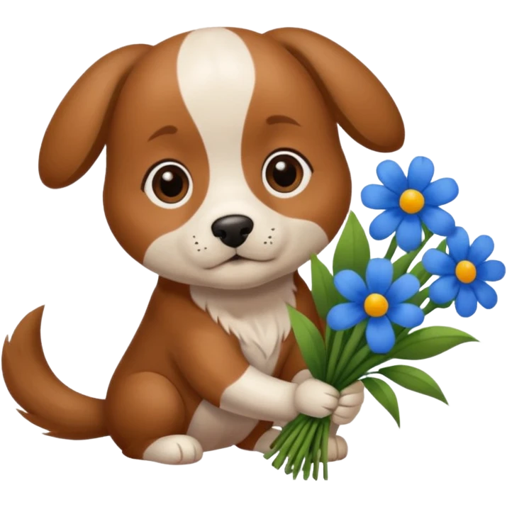 dog with blue and brown eyes making a bouquet emoji