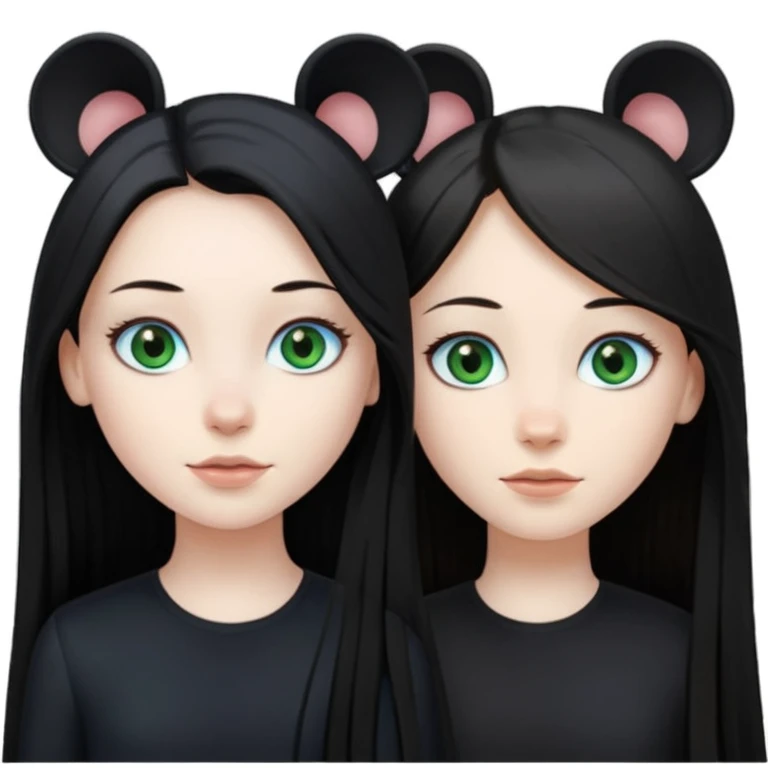 Two girls one with long black hair, blue eyes very pale skin wearing black clothes the other one with long mousey brown hair, green eyes and pale skin emoji