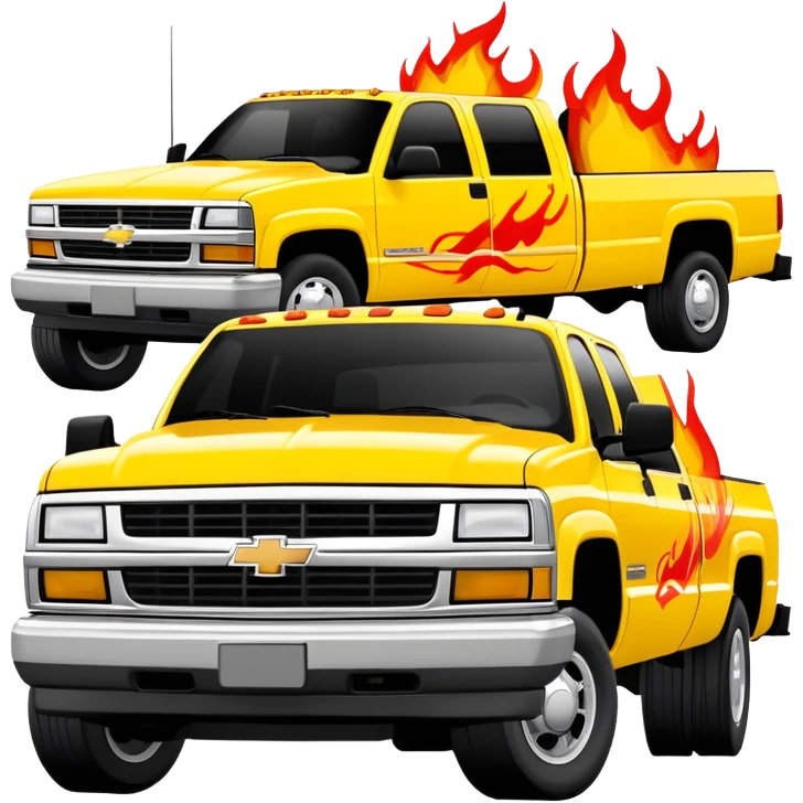 1997 yellow Chevy C-2500 Crew Cab with red flame design only painted on the front bumper, movie-accurate Kill Bill truck detail, 30-degree view, iOS emoji style emoji