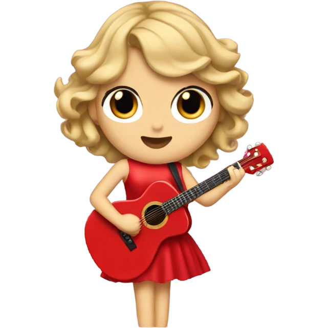 Taylor swift in a red dress and a red guitar hole with a microphone stand in front of her emoji