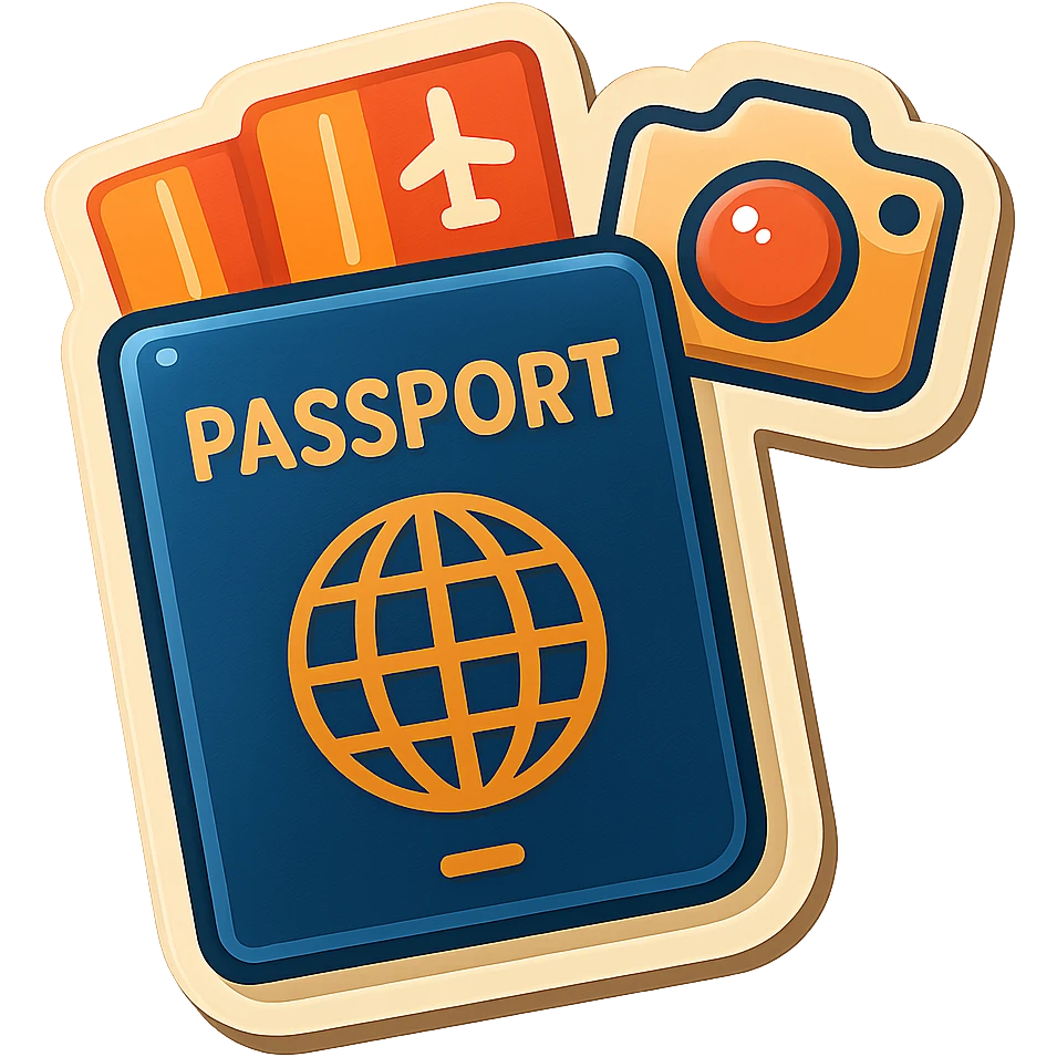 vector-style drawing of a passport with two tickets sticking out, and a small camera icon above or beside the passport, in a retro sticker style with bold outlines and glossy highlights emoji