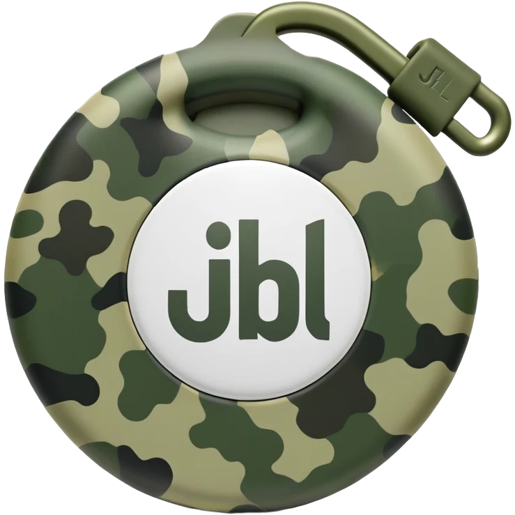 Abstract JBL Clip 4 with round shape, integrated clip, green camo pattern, and small JBL logo, iOS emoji style emoji