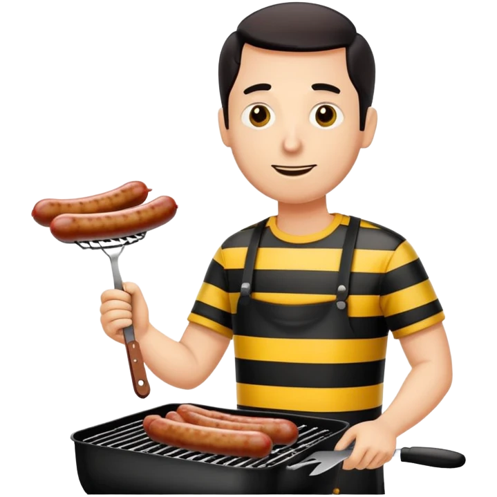 guy in black and yellow horizontal striped shirt grilling sausages emoji