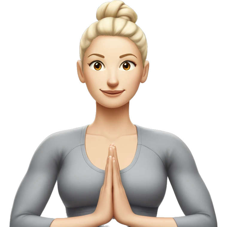Pale skinned fit woman In a gray tight yoga suit and wristbands With ash blonde hair in a bun doing yoga emoji