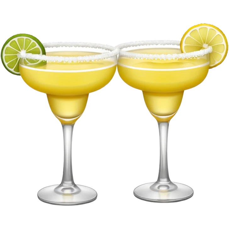 2 margarita cocktails. one is the classic margarita: yellowy with salt on the rim and a lemon. the other one is a spicy margarita: slightly more red color with a small red chili pepper instead of a lemon on the rim  emoji