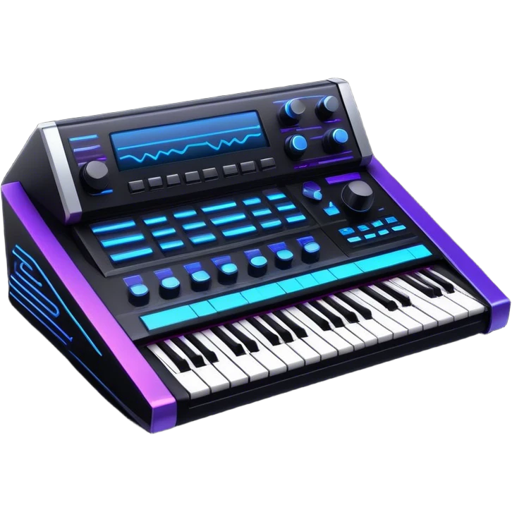 Create a sleek and modern emoji that represents sound design. The design should feature sound waves, a sound mixing console, and a black studio synthesizer to symbolize the process of creating and shaping sound. Include elements like a synthesizer or audio effects buttons to highlight the creative tools used in sound design. Use futuristic colors like neon blue, purple, and silver to convey the cutting-edge, experimental nature of sound creation. The background should be transparent. emoji
