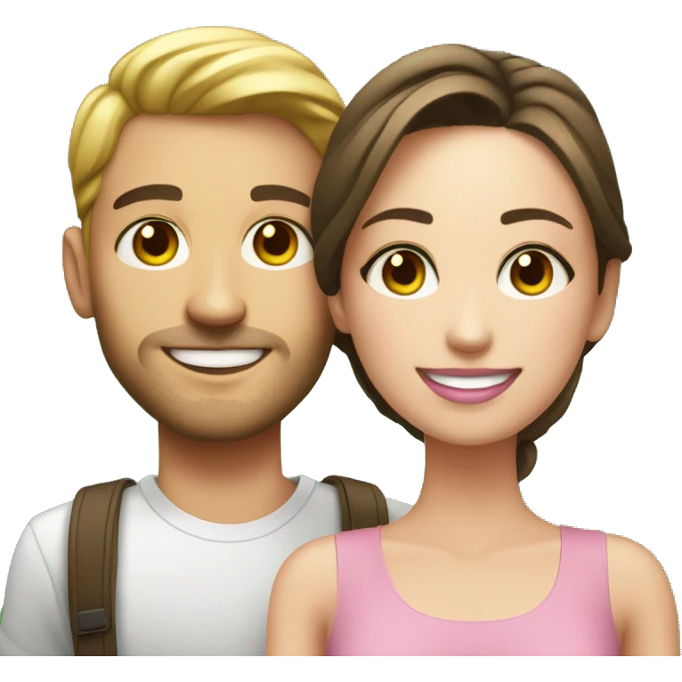 smiling couple indoors realistic make the guy tan with dark brown eyes and girl with hazel green eyes and pale skin and pink lips emoji