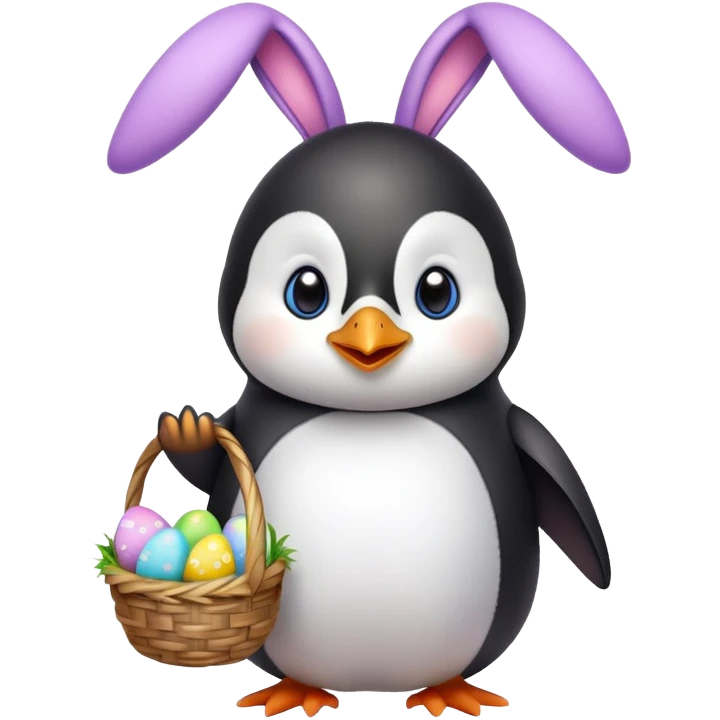 Penguin dressed like an Easter bunny holding an Easter basket emoji