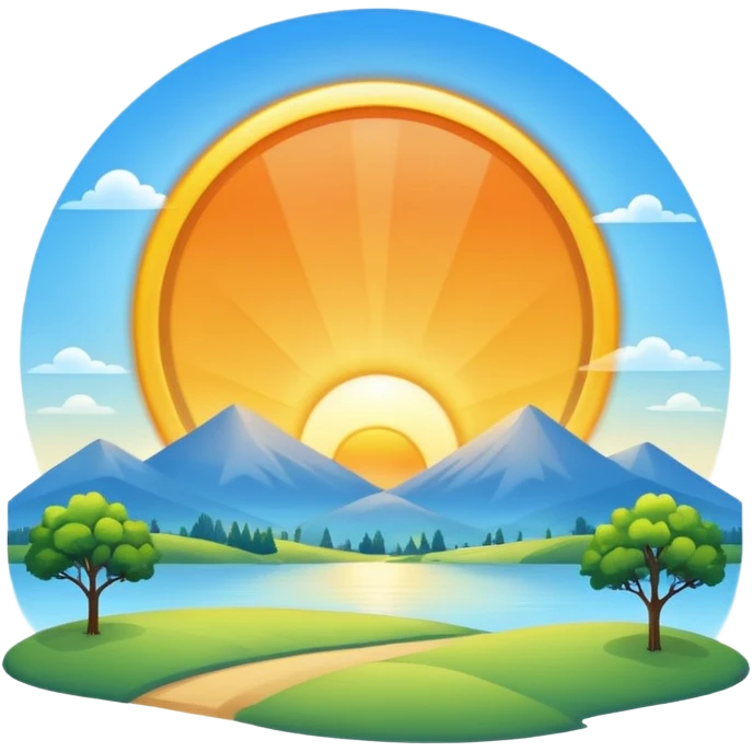 peaceful morning landscape with glowing sun, blue sky, very simple and iconic emoji