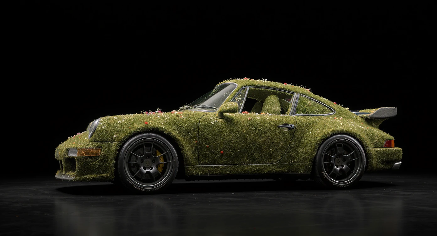 Closeup shot of a porsche 911, body of car made of grass and flowers, black solid studio background, very dark room, top low key light, dutch angle, captured by ARRI 65 emoji