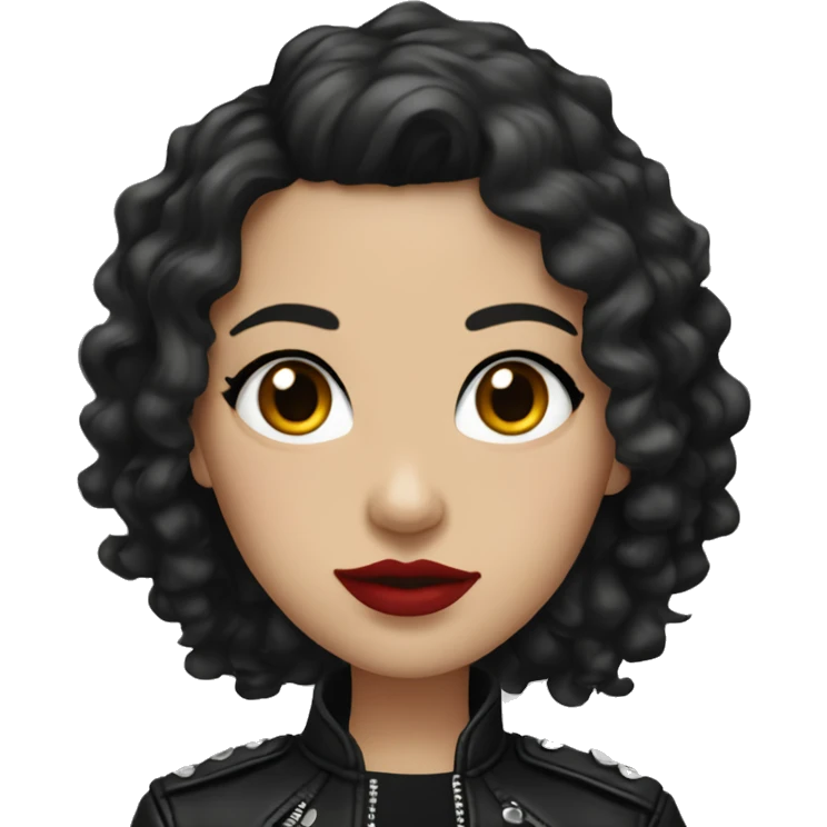 White girl, with long curly black hair, with red lipstick, black winged eyeliner, wearing black shirt and black leather jacket emoji