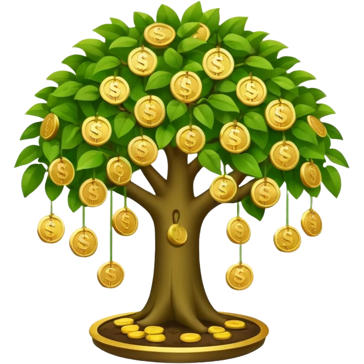 Apple-style money tree (not so mush coins), round soft green canopy.
No pot, no ground — only the tree.
Small gold coins as fruits inside the leaves (not below).
Flat 2D vector, clean shapes, no gradients.
Dark near-black background, premium fintech icon. emoji