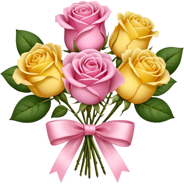 A bouquet of flowers, composed of pink and yellow roses, four blooms in total, tied with ribbon. emoji