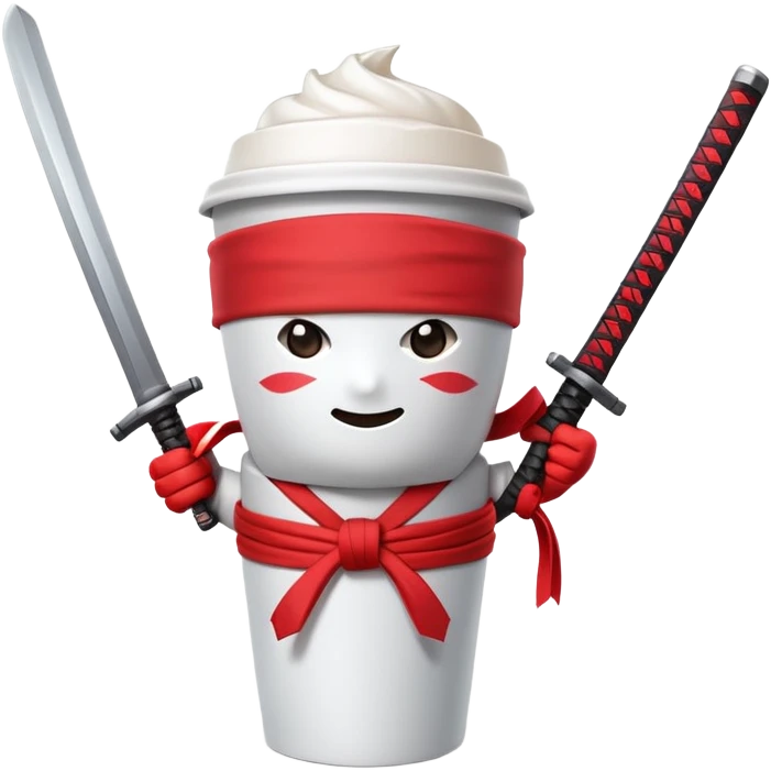 A disposable coffee cup character with a face, wearing a red ninja headband tied around the top and gripping a katana sword emoji