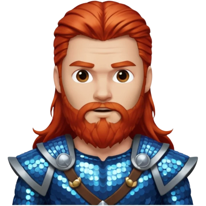 Thor, God of Thunder with long red hair and beard, blue sequin outfit emoji