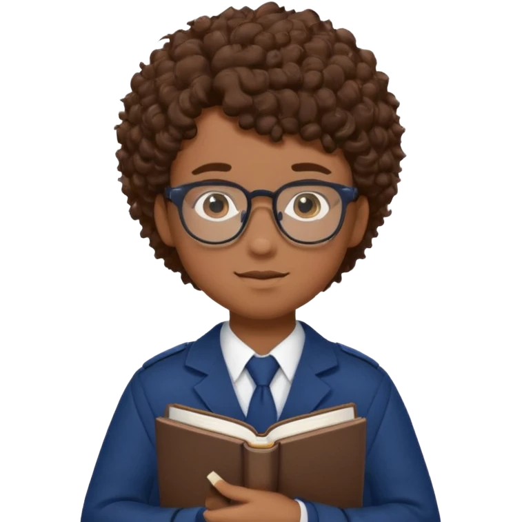 Boy student wearing uniform, glasses, hold book in front of their chest, brown curly hair, dark skin emoji