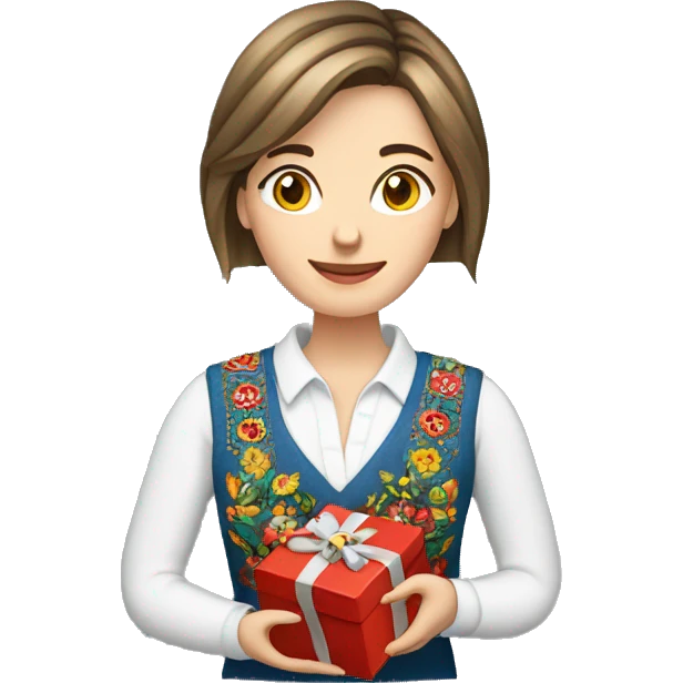 A female teacher in Ukrainian embroidery holds a gift in her hand emoji