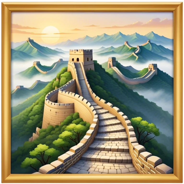Cinematic Realistic Great Wall of China Landmark Emoji, depicted with ancient stone pathways winding over rugged mountains, watchtowers punctuating the misty landscape, and soft golden sunlight casting dramatic shadows. emoji