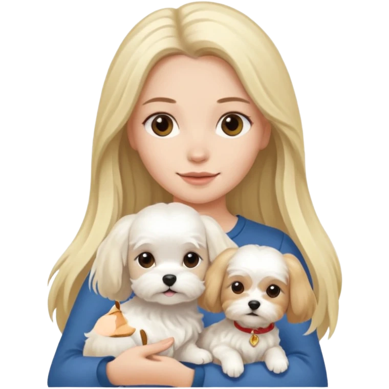 two women are holding one Maltese dog. one woman is brunette the other woman is blonde long haired  emoji