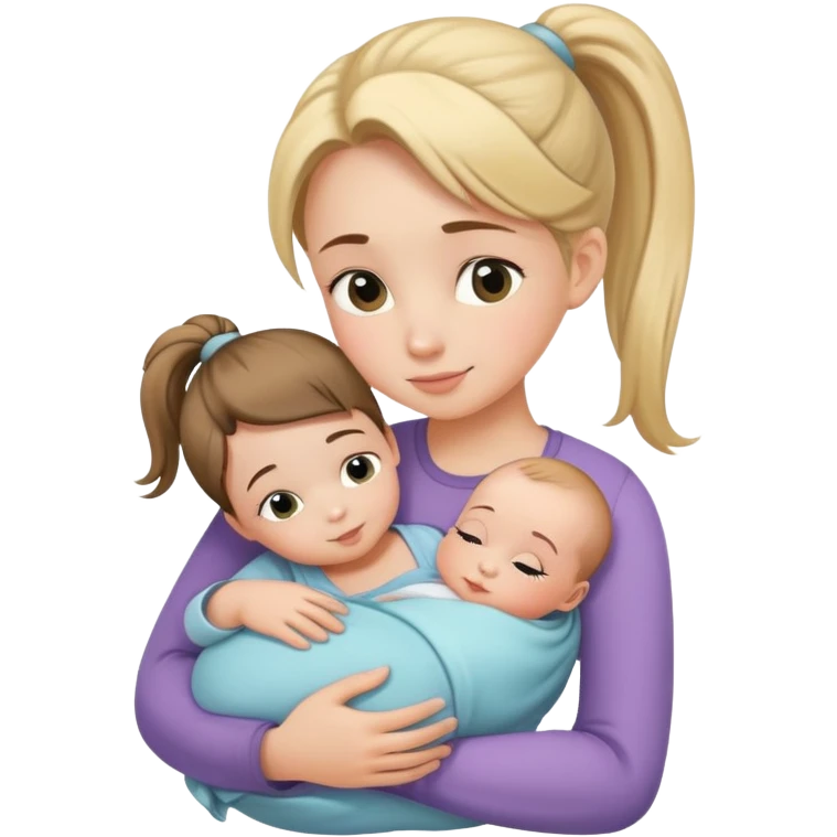Girl with ponytail gently hugging a newborn baby and a young girl, family moment emoji