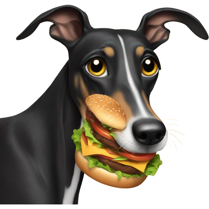 Black greyhound eating burger emoji