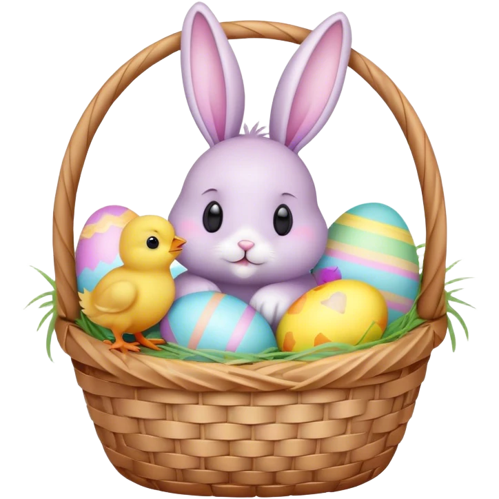 Pastel bunny in a basket of Easter eggs and a little yellow chic emoji