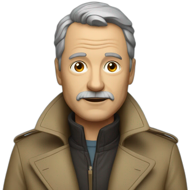 Middle-aged man in a trench coat with a leather fur collar emoji