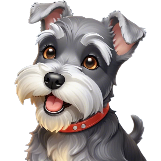 Cinematic Cute Yawning Miniature Schnauzer Portrait Emoji, Head cocked with a wide, adorable yawn and droopy, charming eyes, featuring a neatly trimmed, lovable salt-and-pepper fur, simplified yet irresistibly cute, highly detailed, glowing with a warm, relaxed radiance, high shine, exuding a sleepy yet spirited charm, styled with a soft, cozy glowing outline, capturing the essence of a Miniature Schnauzer mid-yawn, radiating pure, drowsy cuteness! emoji