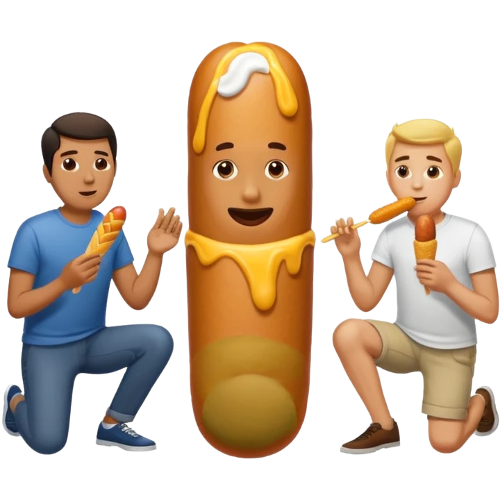 one man on his knees. another man standing up. the man on his knees is eating a corndog next to the others mans leg emoji