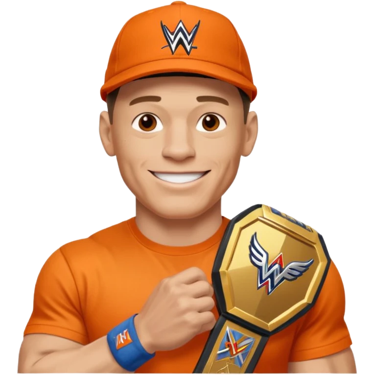 John Cena in orange cap and tshirt with wwe championship emoji