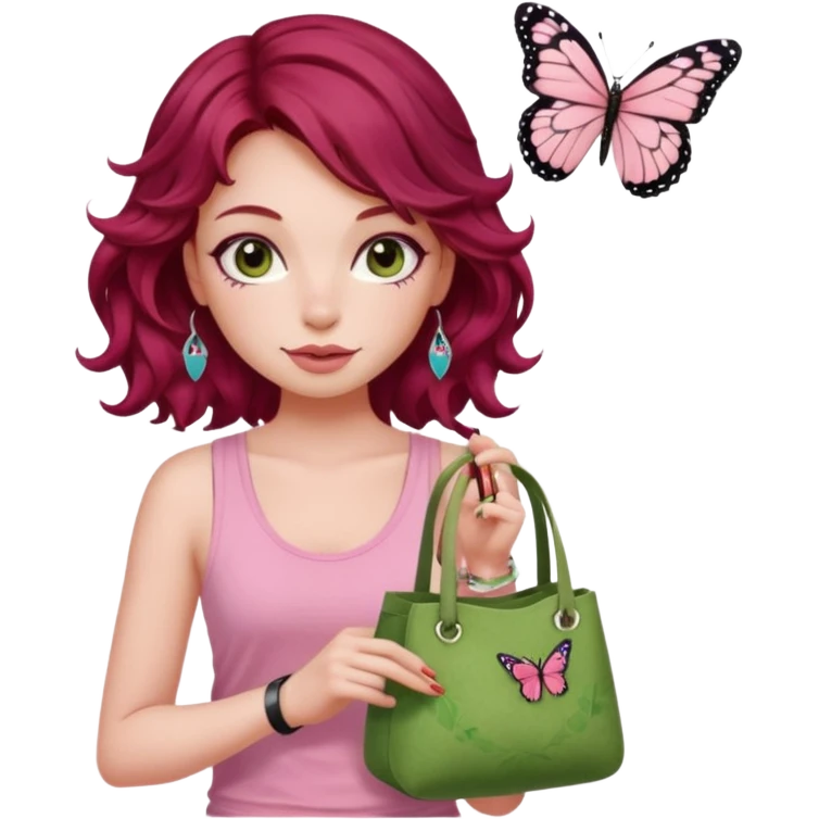a pretty fair bratz girl with wavy dark red hair, wearing a pink tank top , carrying a matcha and a pink bag. eyeliner on. butterfly tattoo on arm emoji