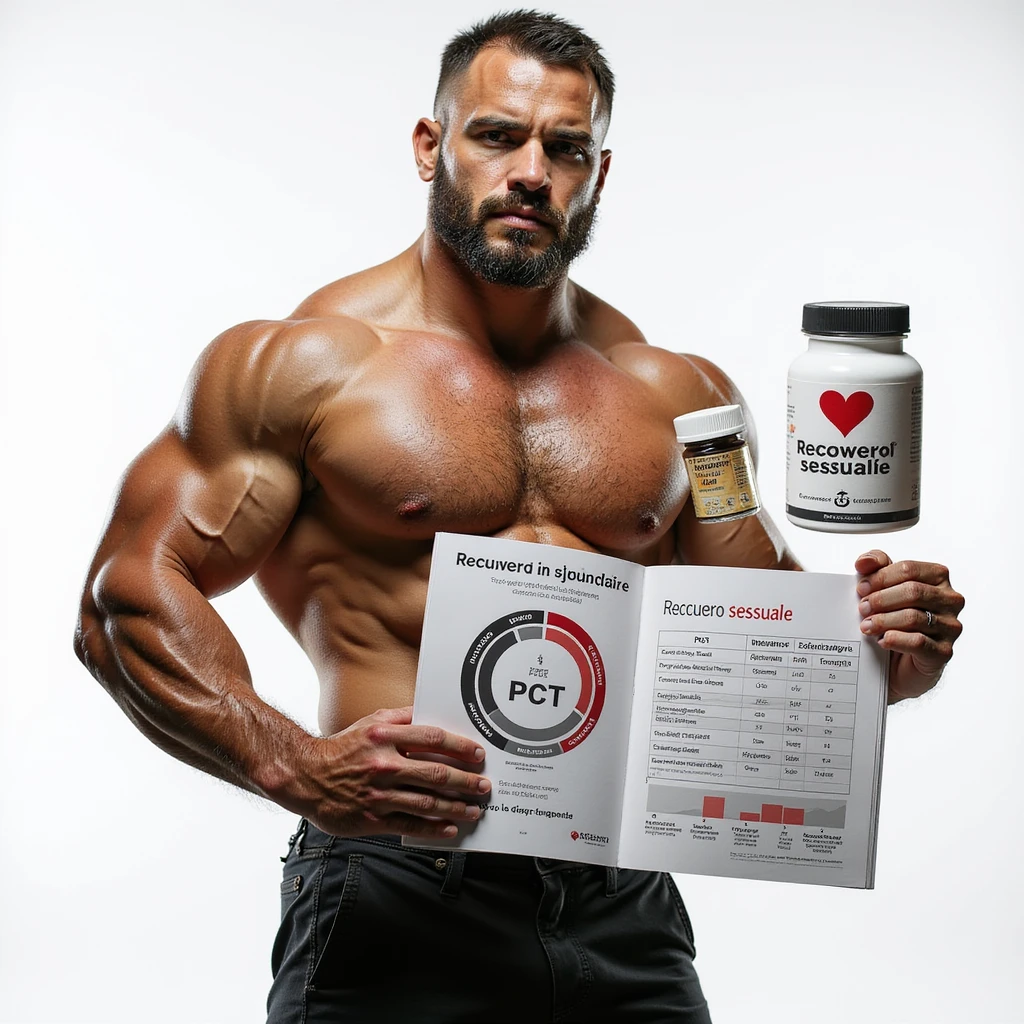 hyper realistic bodybuilder in gym holding a PCT chart and a brochure with Italian text 'Recupero sessuale', supplements and heart symbol next to him, positive atmosphere, caption 'PCT: salute ritrovata', isolated on white background emoji