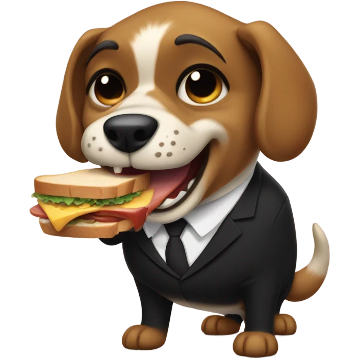 A ferocious dog in a black suit ready to bite a sandwich. emoji