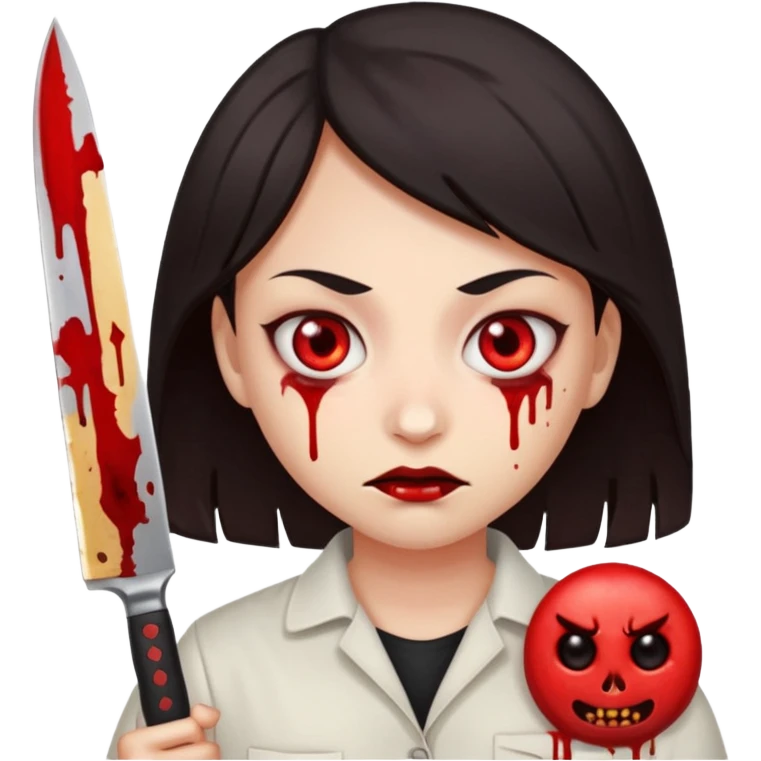 RED EYES, EVIL EMOJI, KILLER EYES, DARK HAIR, BLOODY EYES, 1 KNIFE IS IN THE HAND emoji