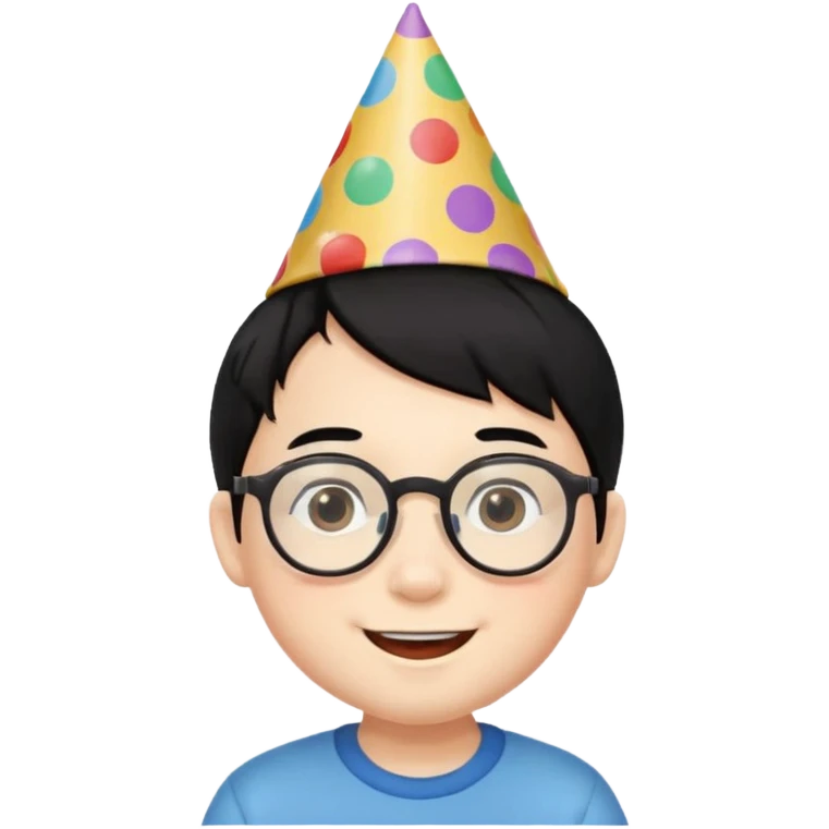 a little boy with black hair with birthday hat, wearing glasses 















 emoji