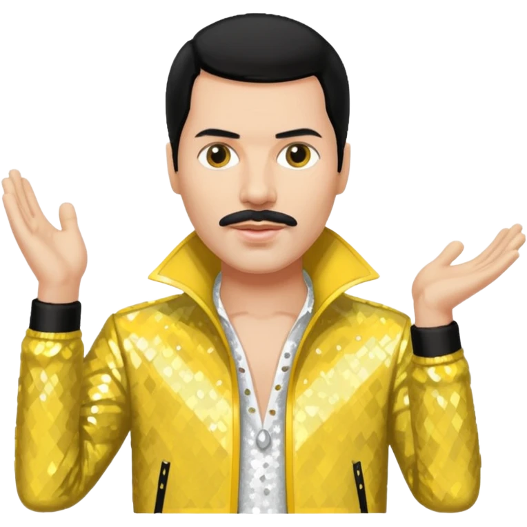 Freddie Mercury with black hair, white sequin shirt, yellow sequin jacket emoji