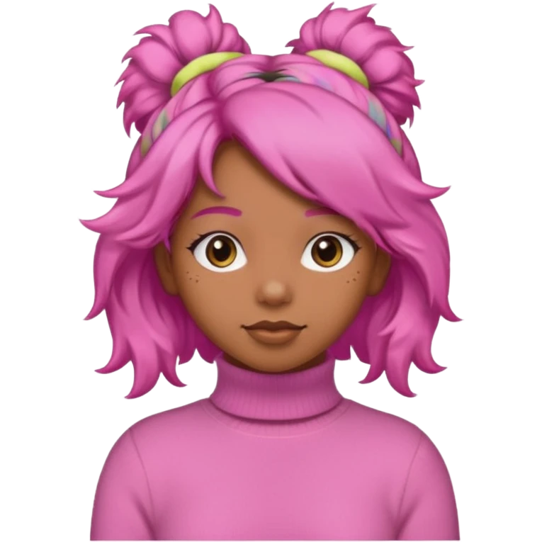 brown fluffy haired girl with pink turtleneck sweater and pink hair band emoji