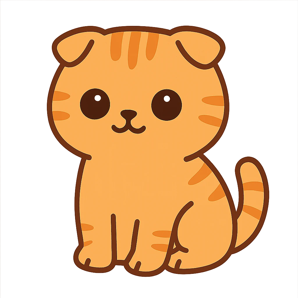 flat toon style kawaiiorange scottish fold kitten sitting, dark round eyes, cute emoji