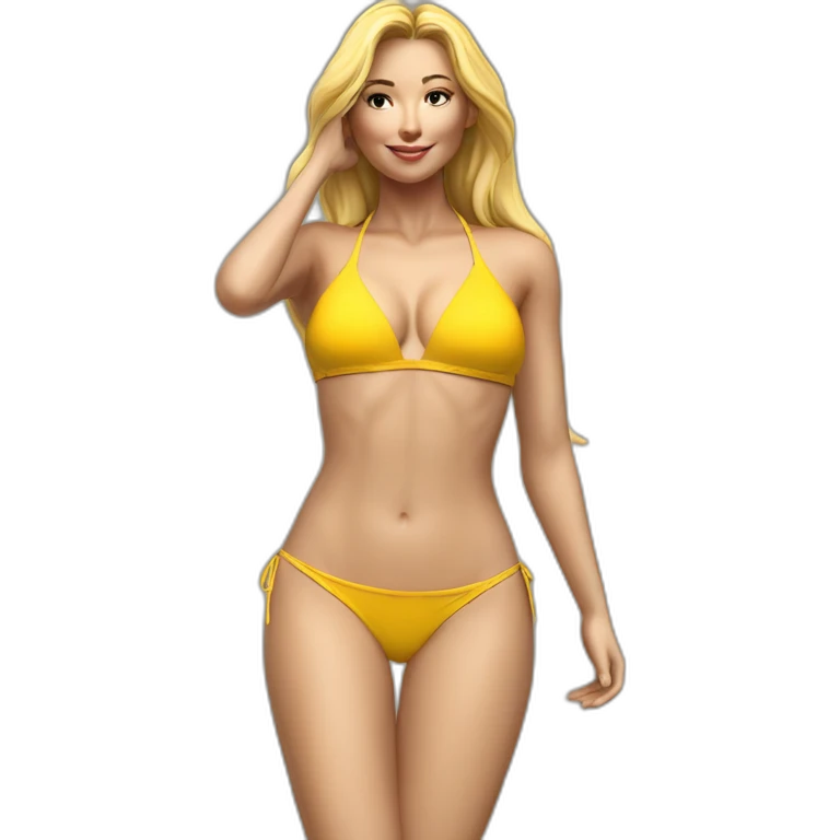 Sexy pose soft-fit Caucasian woman yellow bikini (beach body) bed realistic emoji