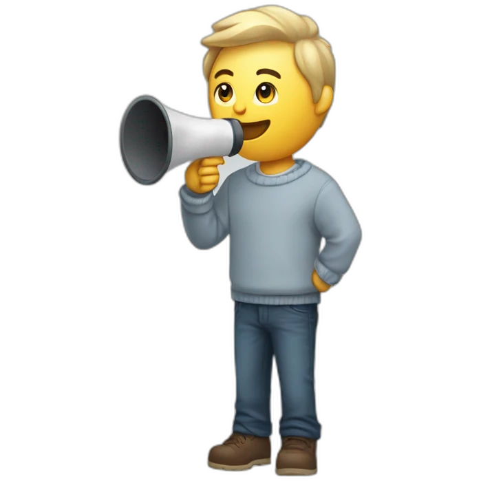 software developer with white skin and a shirt under a sweater making an announcement with a megaphone emoji
