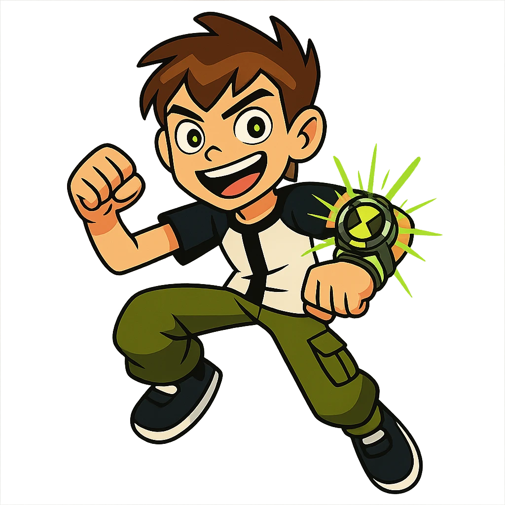Ben 10 in vibrant toon style, dynamic pose, glowing Omnitrix, energetic expression emoji