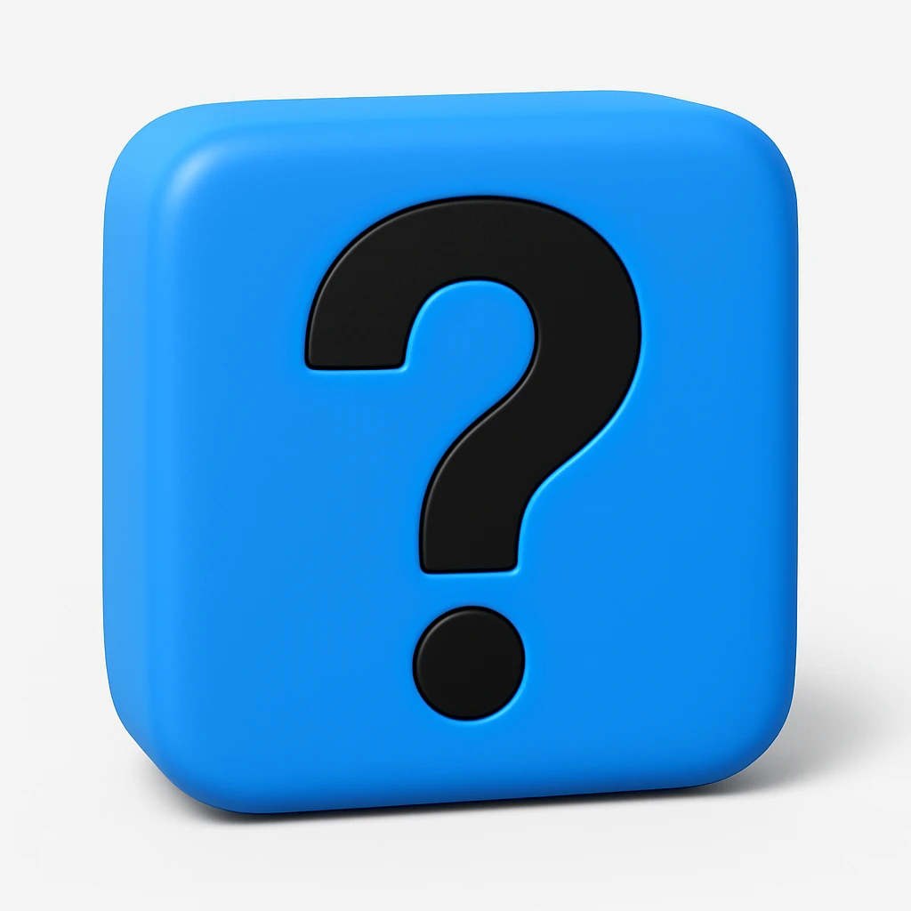 Create a 3D blue square with a black question mark on it, add a soft shadow for depth, in emoji style. emoji